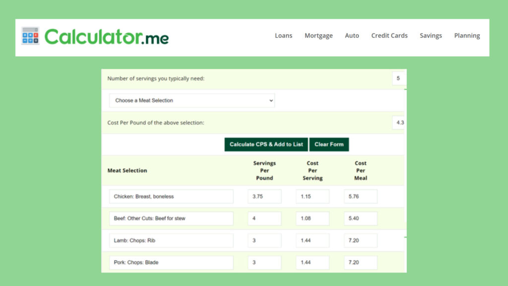 Meat Serving Cost calculator